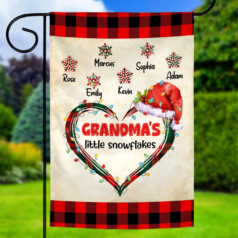 Custom Grandmas Little Snowflakes Flag, Christmas Plaid Heart Santa Hat Names Yard Sign, Holiday Season Lawn Decor, Custom Grandchildren Name Banner,  Gifts For Nana From Grandkids
