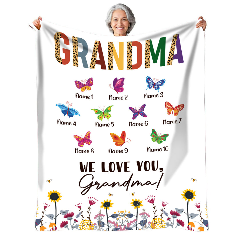 Grandmother Blanket, Grandma Header, Butterflies Symbols For Names, “We Love You, Grandma” Message Style, Personalized Blanket, Gifts To Nana From Grandkids, Gifts For Mother's Day