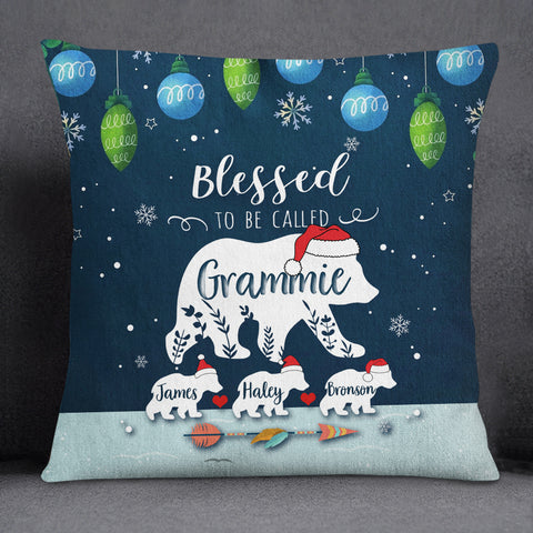 Grammie Pillow, Custom Kids Names Polar Bear Family Pillow, Blue Christmas Decor, Living Room Accent Case, Holiday Snowflake Decor, Christmas Holiday