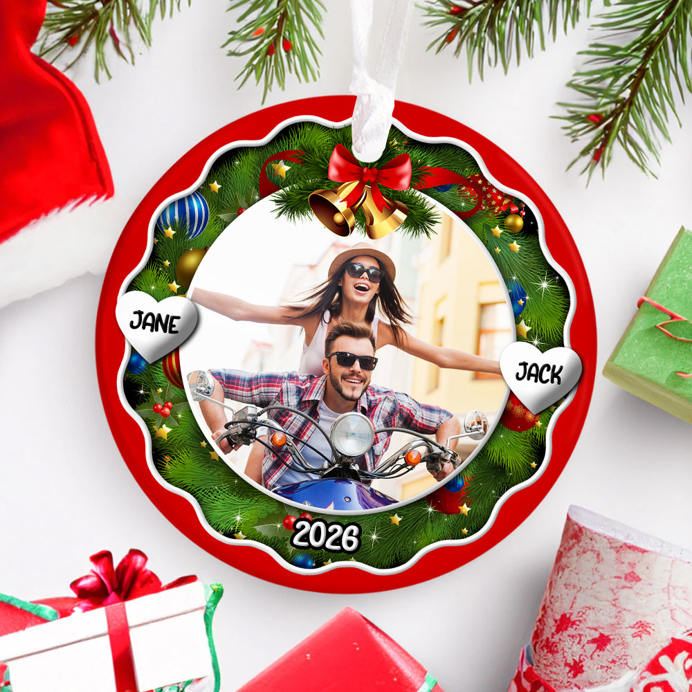 Xmas Frame Custom Photo Couple Cute With Name & Year, Partner Milestone Keepsake, Custom Photo Holiday Tree Hanging, Motorcycle Couple Christmas Decor, Personalized Christmas Idea Gifts