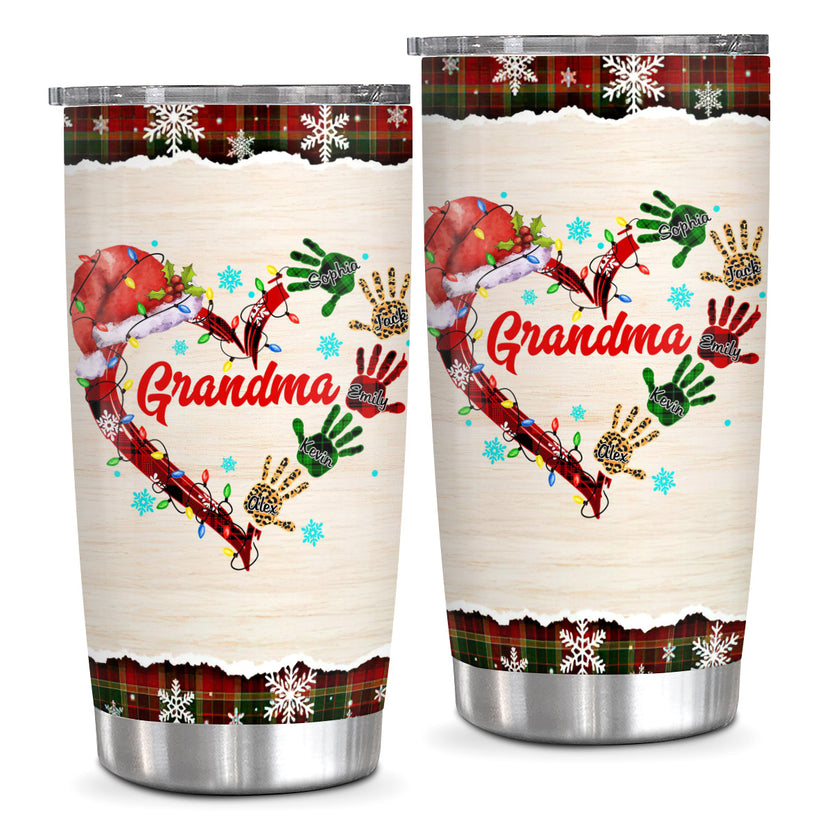 Grandma Christmas Tumbler, Personalised Grandchildren Names Travel Cup, Festive Winter Drinkware, Christmas Handprint Grandkid Name Travel Cup, Personalized Tumbler, Gifts For Nana Mama