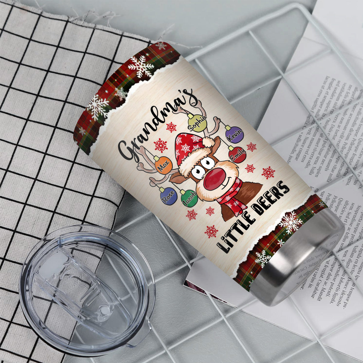 Grandmas Little Deers Custom Tumbler, Personalized Christmas Reindeer Ornament Travel Cup, Insulated Cup, Cute Festive Reindeer Name Travel Tumbler,  Gifts For Nana From Grandkids, 20oz