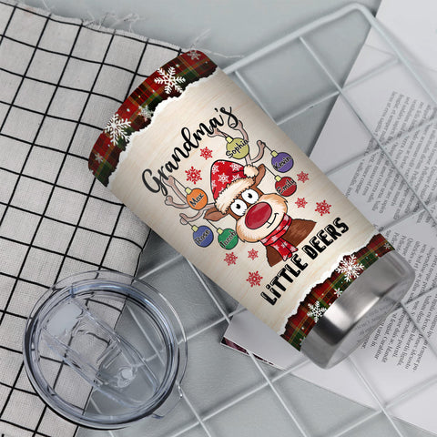 Grandmas Little Deers Custom Tumbler, Personalized Christmas Reindeer Ornament Travel Cup, Insulated Cup, Cute Festive Reindeer Name Travel Tumbler,  Gifts For Nana From Grandkids, 20oz