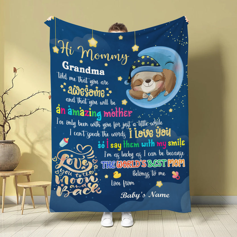 Mom To Be Gifts, Hi Mommy Grandma Told Me That Sloth, 1st Mother's Day Blanket, Custom Newborn, Sleepy Sloth Moon Design, Nursery Star Graphics, Keepsake, Personalized Blanket