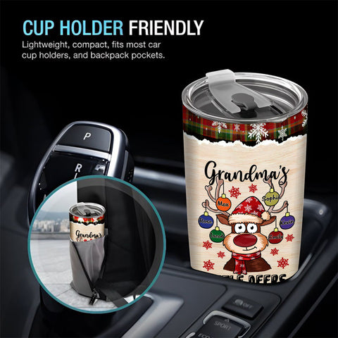Grandmas Little Deers Custom Tumbler, Personalized Christmas Reindeer Ornament Travel Cup, Insulated Cup, Cute Festive Reindeer Name Travel Tumbler,  Gifts For Nana From Grandkids, 20oz
