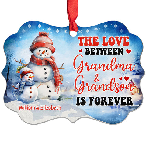Grandma Gifts, Cute Xmas Winter The Love Between Grandma & Grandson Is Forever, Personalized Ornament, Gifts For Gigi From Grandkids, Xmas Tree Hanging Medallion Aluminum Ornament