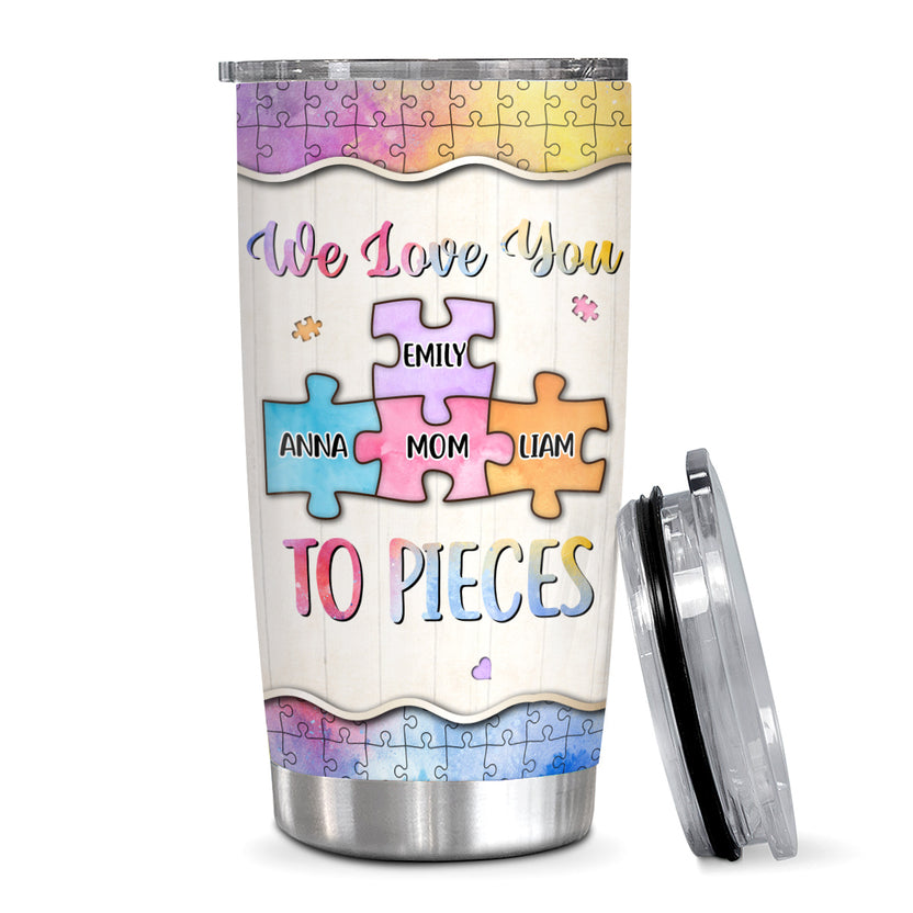 We Love Mom To Pieces Blue Watercolor Piece , Personalized Tumbler, Gifts For Mom Mommy From Daughter Son, 20oz With Lid Travel Cup, Gifts For Birthday Mothers Day