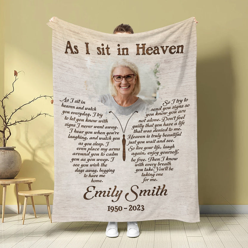 Sympathy Gifts, Personalized Memorial Blanket With Photo, Angel In Heaven As Sit In Heaven Butterflies With Photo, Loss Of Mom Dad Blanket, Fleece Sherpa, Sympathy Gifts For Anniversary
