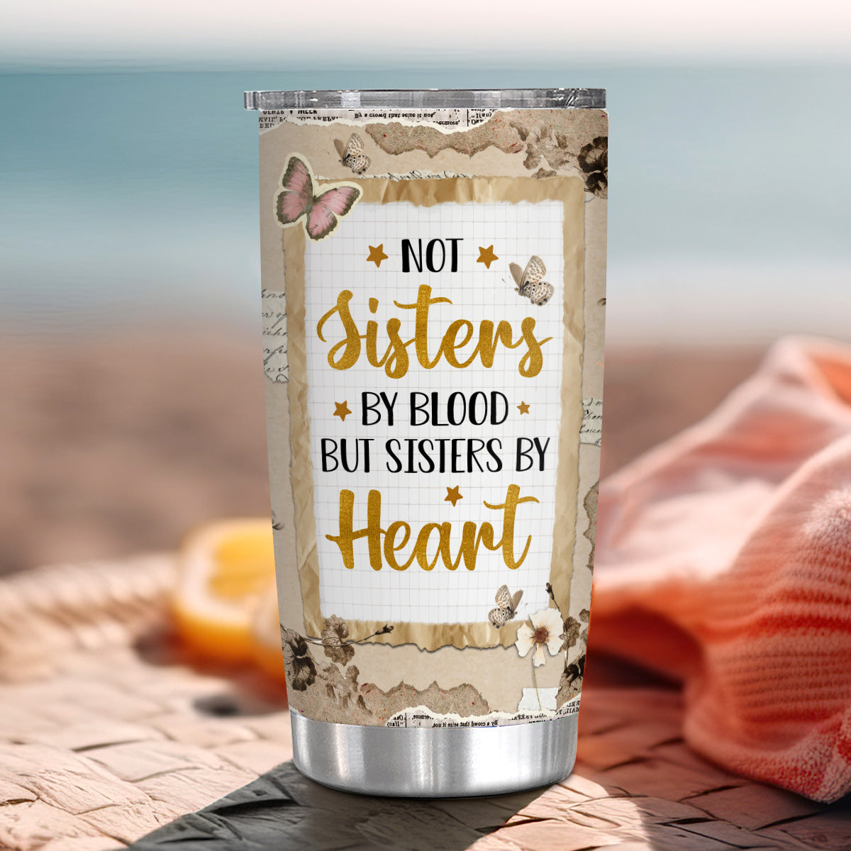 Not Sisters By Blood But Sisters By Heart, Personalized Tumbler, Gifts For Unbiological Sister, 20oz Travel Cup, Friendship Tumbler Summer Friendship Gifts For Women Girls Friends