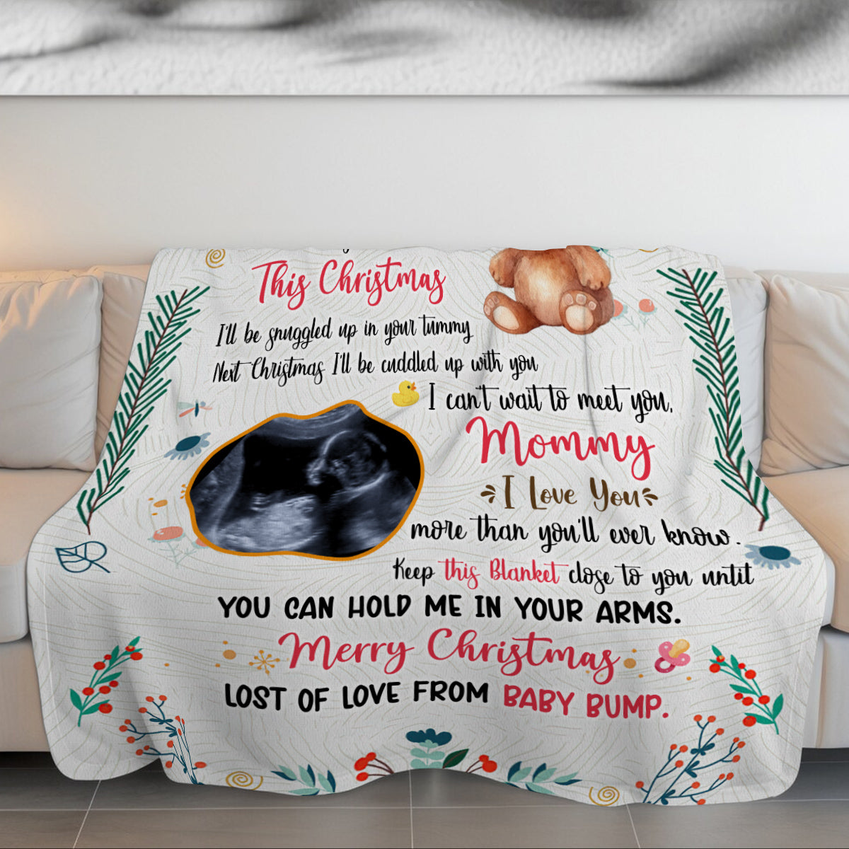 Mom To Be Gifts, This Christmas I'll Be Snuggled Up In Your Tummy Baby Ultrasound And Bear, Personalized Blanket, Gifts For Mommy , Fleece Sherpa, New Mom Blanket, Gifts For Christmas