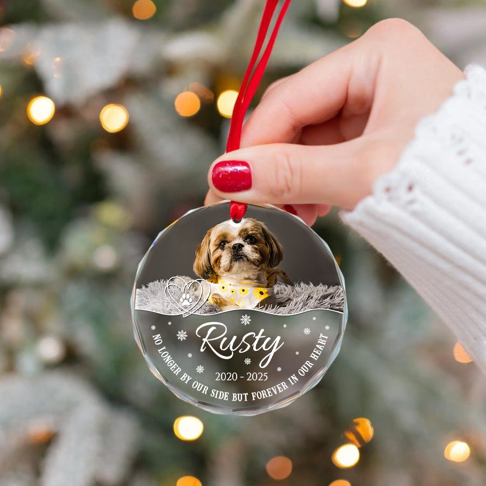 No Longer By Our Side But Forever In Our Heart Glass Circle Ornament, Personalized Pet Memorial Ornament With Photo, Gifts For Loss Of Dog, Tree Decor Christmas Keepsake, Pet Loss Gifts