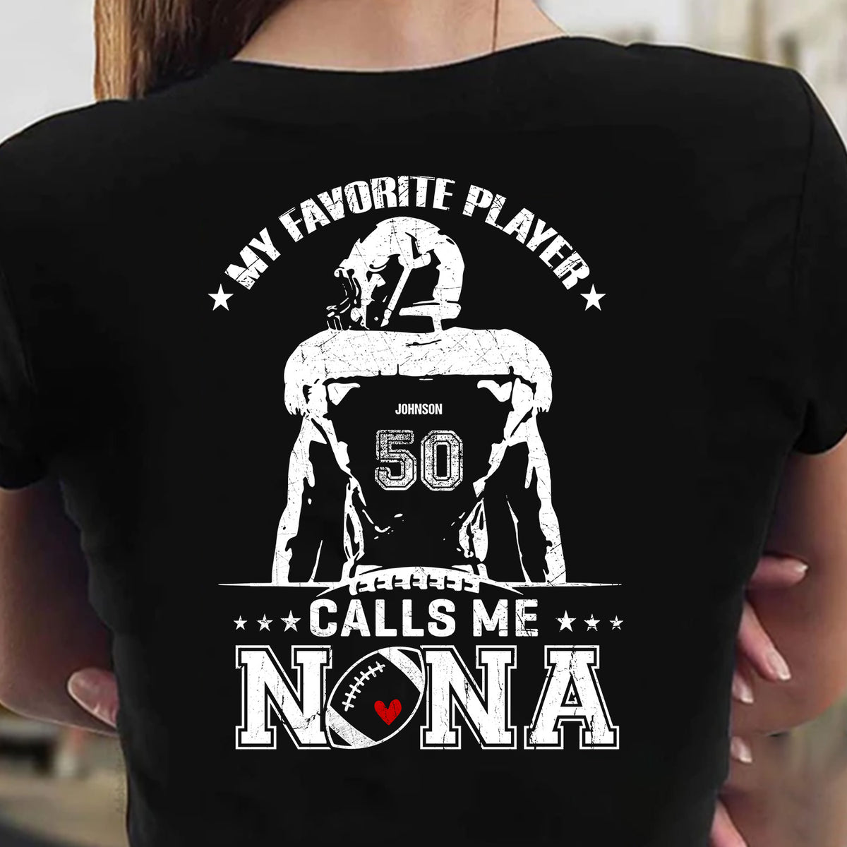Personalized T-Shirt For Mimi From Grandson Football Gifts My Favorite Player Calls Me Nana Cheer Football Family Member Custom Title Number Short Sleeve Tops Tee Shirt For Women Fan