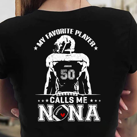 Personalized T-Shirt For Mimi From Grandson Football Gifts My Favorite Player Calls Me Nana Cheer Football Family Member Custom Title Number Short Sleeve Tops Tee Shirt For Women Fan
