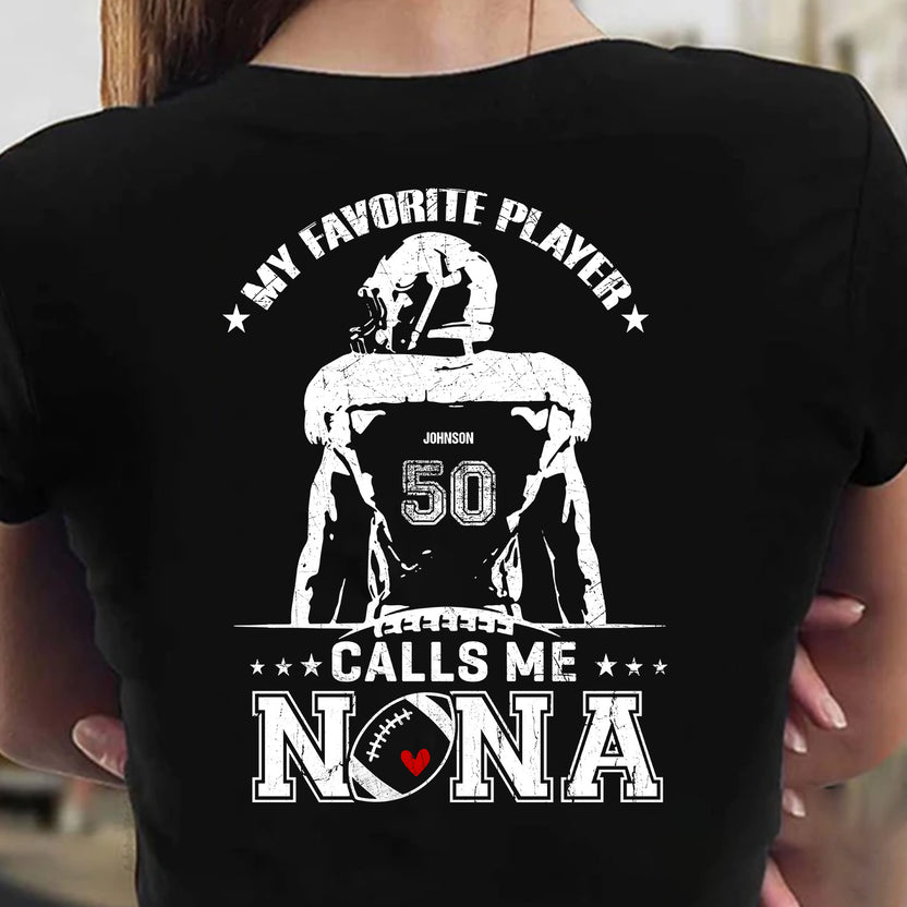 Personalized T-Shirt For Mimi From Grandson Football Gifts My Favorite Player Calls Me Nana Cheer Football Family Member Custom Title Number Short Sleeve Tops Tee Shirt For Women Fan