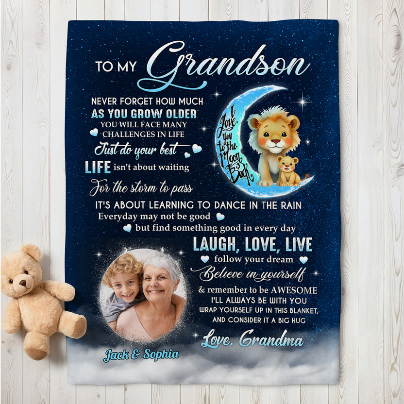 Grandson Gifts Ideas, Believe And Remember To Be Awesome Lions With Moon Upload Photo, Personalized Blanket, Gifts For Grandson From Grandma, Fleece Sherpa Blanket, Gifts For Christmas