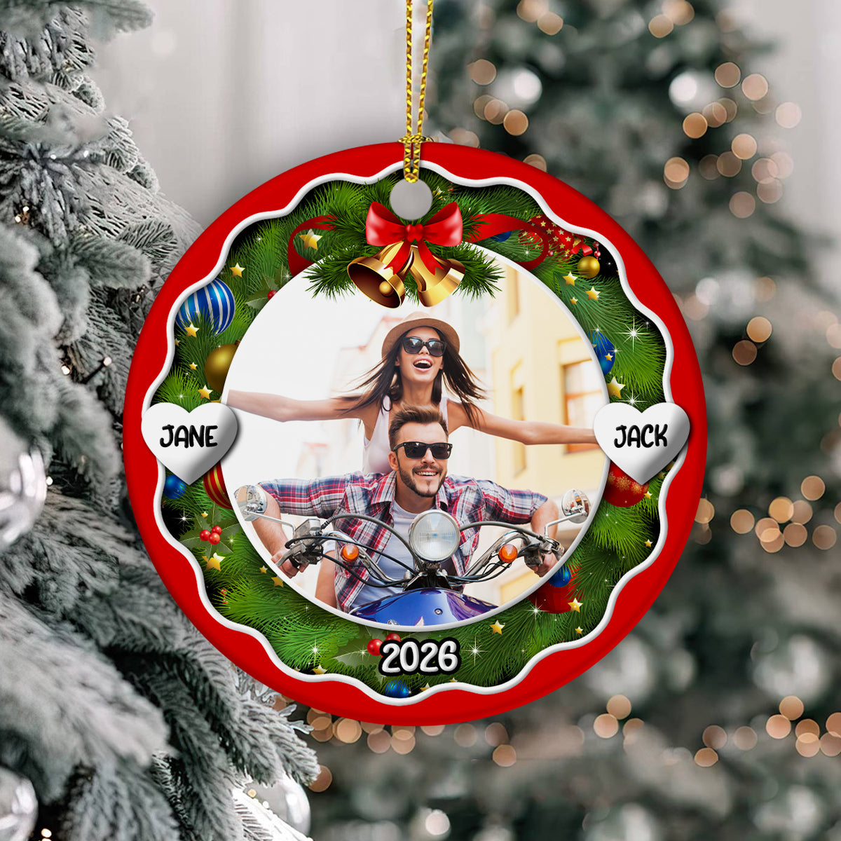 Xmas Frame Custom Photo Couple Cute With Name & Year, Partner Milestone Keepsake, Custom Photo Holiday Tree Hanging, Motorcycle Couple Christmas Decor, Personalized Christmas Idea Gifts