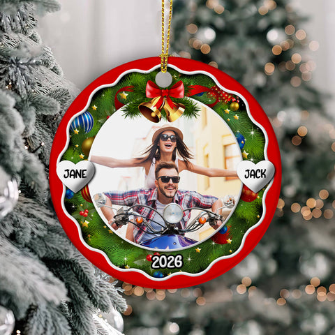 Xmas Frame Custom Photo Couple Cute With Name & Year, Partner Milestone Keepsake, Custom Photo Holiday Tree Hanging, Motorcycle Couple Christmas Decor, Personalized Christmas Idea Gifts