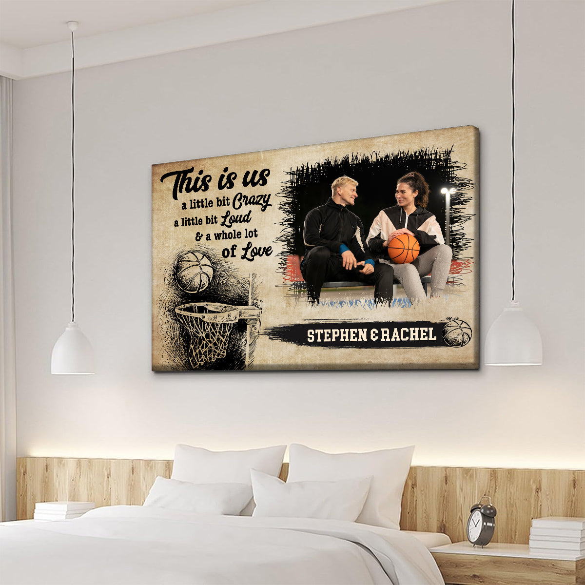 Personalized Name Couple Basketball Canvas Wall Art, A Little Bit Loud & A Whole Lot Of Love Quote Decor, Athletic Theme Print Canvas Wall Art, Gifts For Him Her Poster Prints Decor