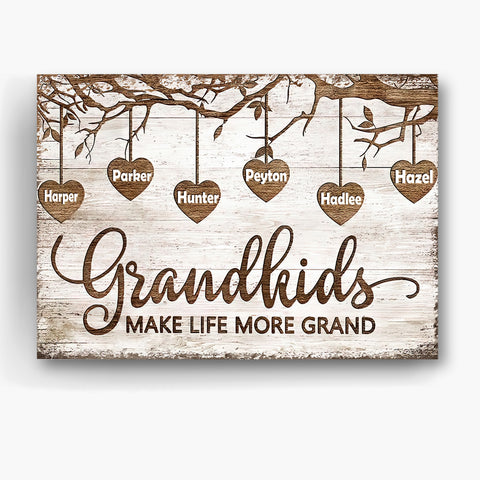 Grandma Gifts, Grandchild Papa And Nana Gifts Grandkids Make Life More Grand Wooden Tree Hearts Personalized Canvas Wall Art, Gifts For Nana Poster Prints Wall Decor, Gifts For Birthday
