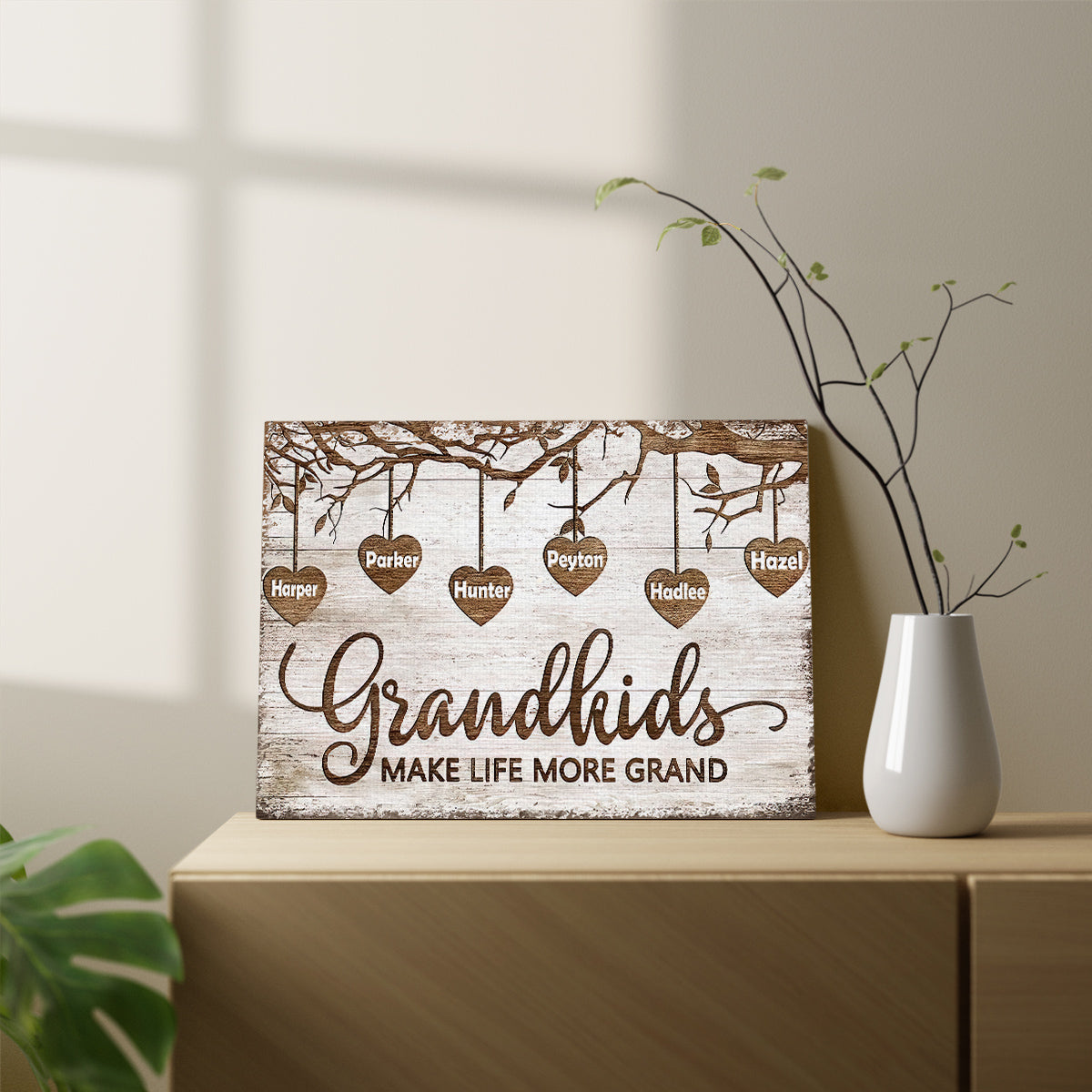 Grandma Gifts, Grandchild Papa And Nana Gifts Grandkids Make Life More Grand Wooden Tree Hearts Personalized Canvas Wall Art, Gifts For Nana Poster Prints Wall Decor, Gifts For Birthday