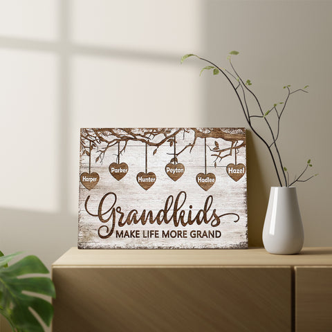 Grandma Gifts, Grandchild Papa And Nana Gifts Grandkids Make Life More Grand Wooden Tree Hearts Personalized Canvas Wall Art, Gifts For Nana Poster Prints Wall Decor, Gifts For Birthday