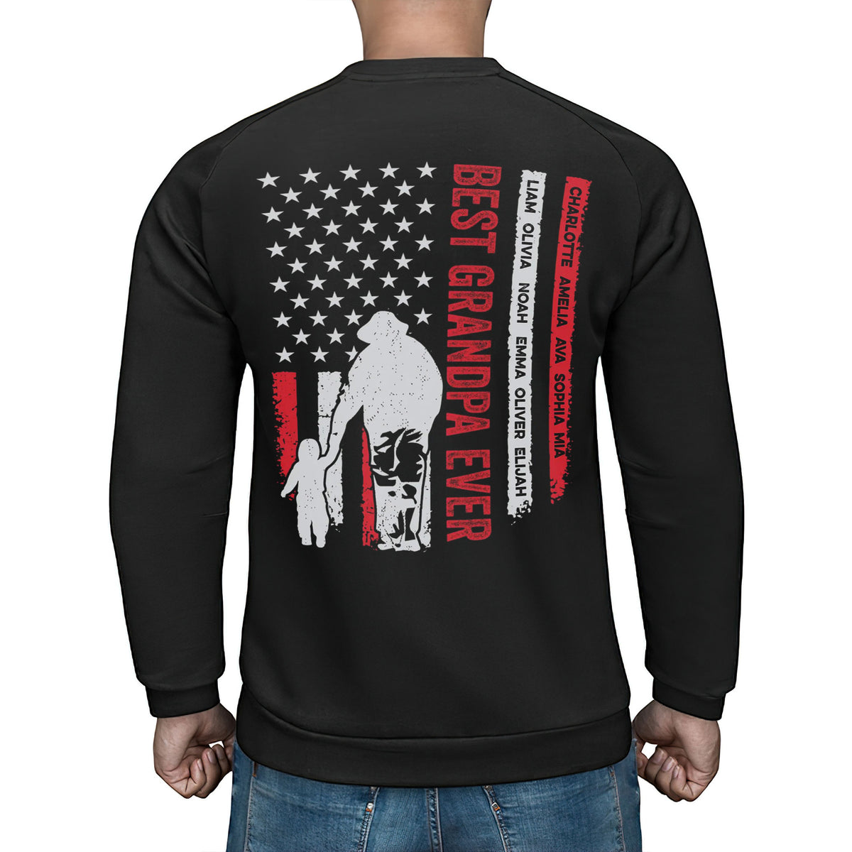 Personalized Shirt For Poppy From Grandchildren Custom Name Grandpa Ever Flag Back Side Printed T-Shirt Grandpa Gifts Shirts For Men Family On Christmas Xmas Hoodie Long Sleeve