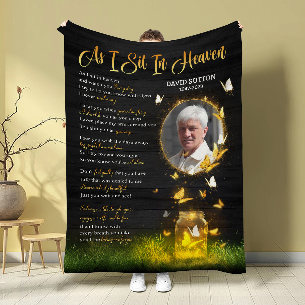 Sympathy Gifts, Memorial Blanket With Photo, Heaven Remembrance, Glowing Butterflies Artwork, Portrait Photo Center, Personalized Name, Comfort Message From Heaven, Loss Of Mom Dad