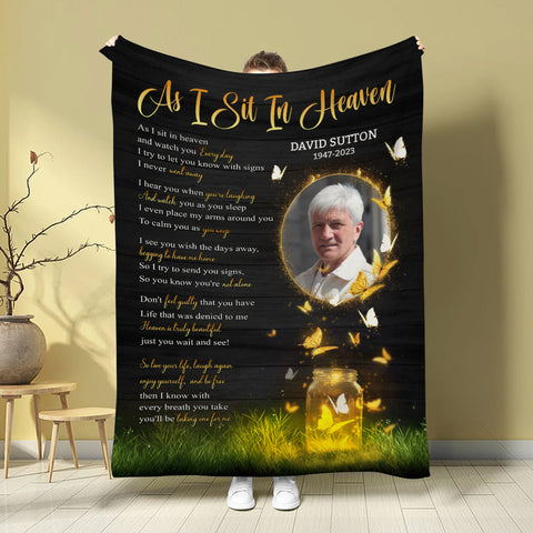 Sympathy Gifts, Memorial Blanket With Photo, Heaven Remembrance, Glowing Butterflies Artwork, Portrait Photo Center, Personalized Name, Comfort Message From Heaven, Loss Of Mom Dad