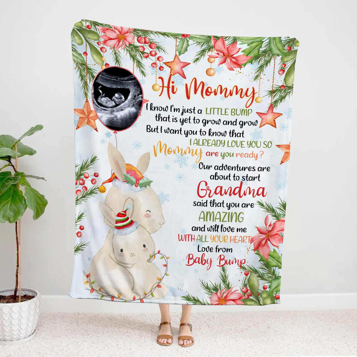 Personalized Bunny Pregnancy Announcement Blanket From Baby Bump, Ultrasound Gifts For New Mom And Dad, Soft Cozy Blanket For Expecting Parents, Baby Reveal Keepsake Christmas Presents
