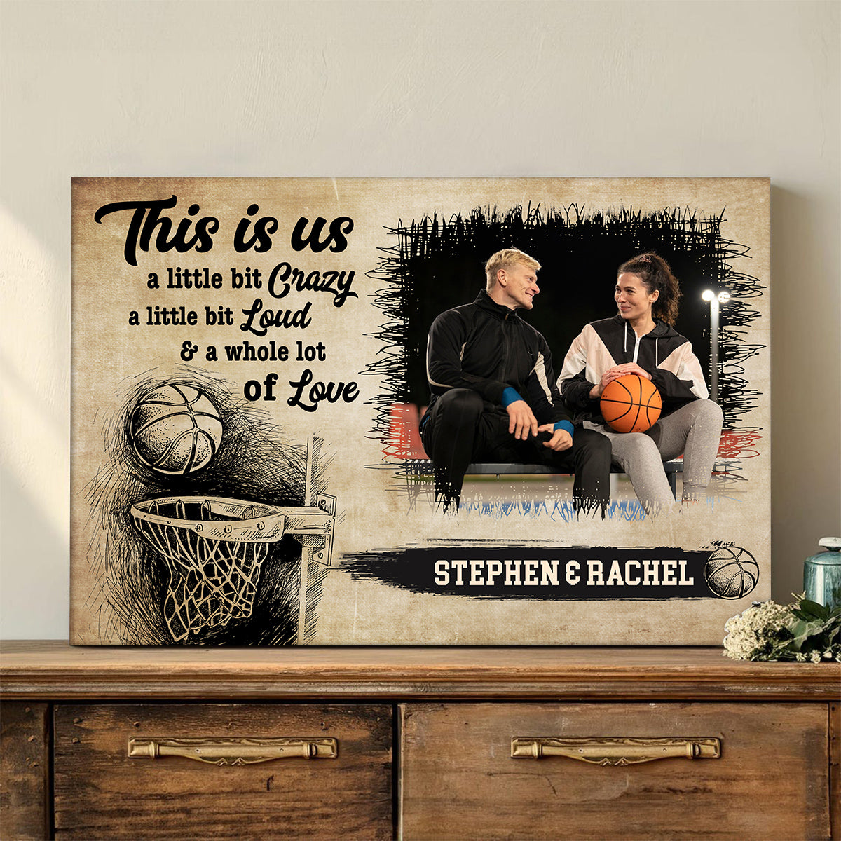 Personalized Name Couple Basketball Canvas Wall Art, A Little Bit Loud & A Whole Lot Of Love Quote Decor, Athletic Theme Print Canvas Wall Art, Gifts For Him Her Poster Prints Decor