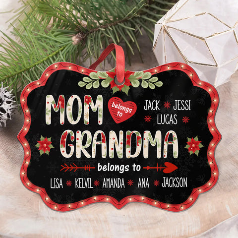 Mom Grandma Belongs To Ornament, Personalized Christmas Gift For Grandma, Custom Grandkids Names, Holiday Poinsettia Plaid Ornament
