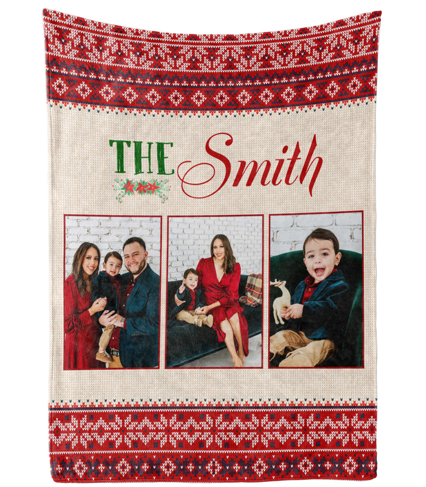 Personalized Family Photo Collage Blanket For Mom Dad From Daughter Son Family Gifts Family Name Photo Ugly Christmas Sweater Pattern Printed Custom Name & Multi Picture  Blanket For Christmas
