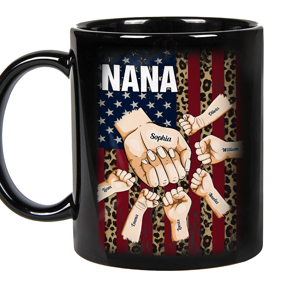 Grandma Gifts, Mom Grandma Nana Hands Drawing Flag With Leopard Printed, Personalized Coffee Mug, Gifts For Abuela From Grandkids, Novelty Ceramic Cup 11 15oz, Gifts For Mother's Day
