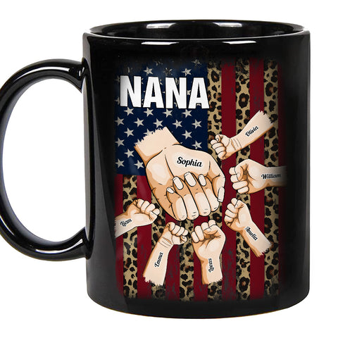 Grandma Gifts, Mom Grandma Nana Hands Drawing Flag With Leopard Printed, Personalized Coffee Mug, Gifts For Abuela From Grandkids, Novelty Ceramic Cup 11 15oz, Gifts For Mother's Day