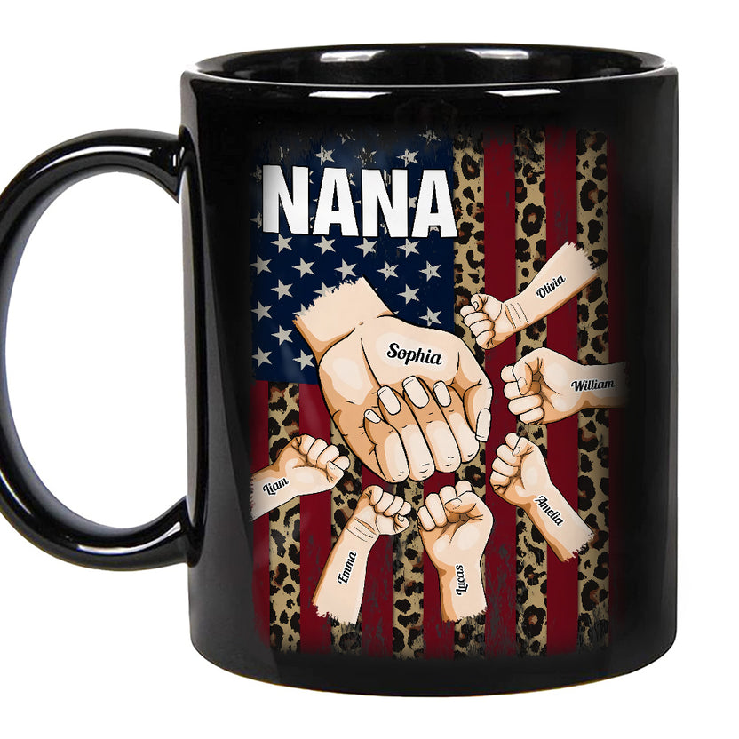 Grandma Gifts, Mom Grandma Nana Hands Drawing Flag With Leopard Printed, Personalized Coffee Mug, Gifts For Abuela From Grandkids, Novelty Ceramic Cup 11 15oz, Gifts For Mother's Day