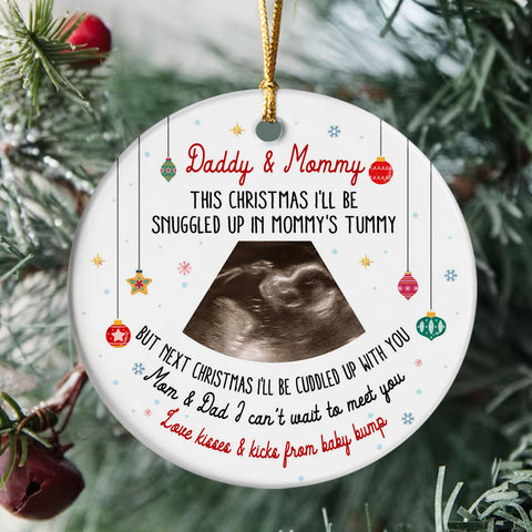Daddy & Mommy Ultrasound Ornament, Snuggled In Mommy’s Tummy Quote, Pregnancy Reveal Xmas Gift, Custom Sonogram Photo Baby Bump Keepsake