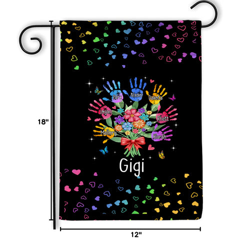 Personalized Grandkids Handprint Garden Flag, Custom Gigi Flower Bouquet Outdoor Banner, Rainbow Hearts Yard Lawn Decor,Grandchildren Names Yard Decor