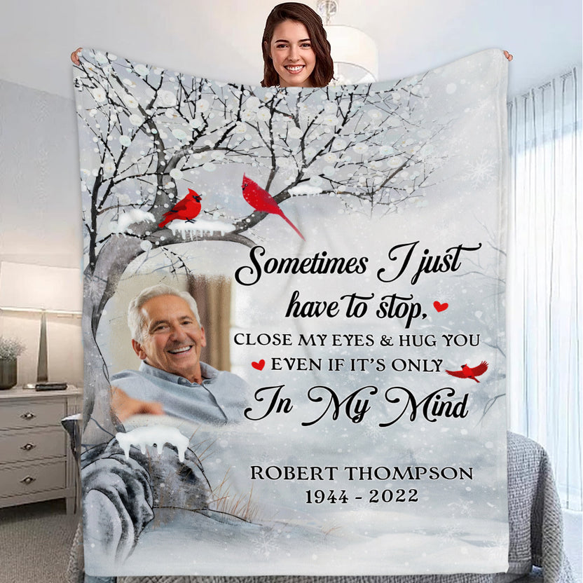 Memorial Gifts, Personalized Memorial Blanket With Photo, Memorial Tree Red Birds Close My Eyes And Hug You, Loss Of Dad Grandpa Blanket, Fleece Sherpa, Funeral Gifts For Anniversary
