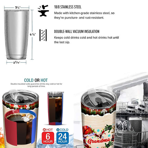 Grandma Christmas Tumbler, Personalised Grandchildren Names Travel Cup, Festive Winter Drinkware, Christmas Handprint Grandkid Name Travel Cup, Personalized Tumbler, Gifts For Nana Mama