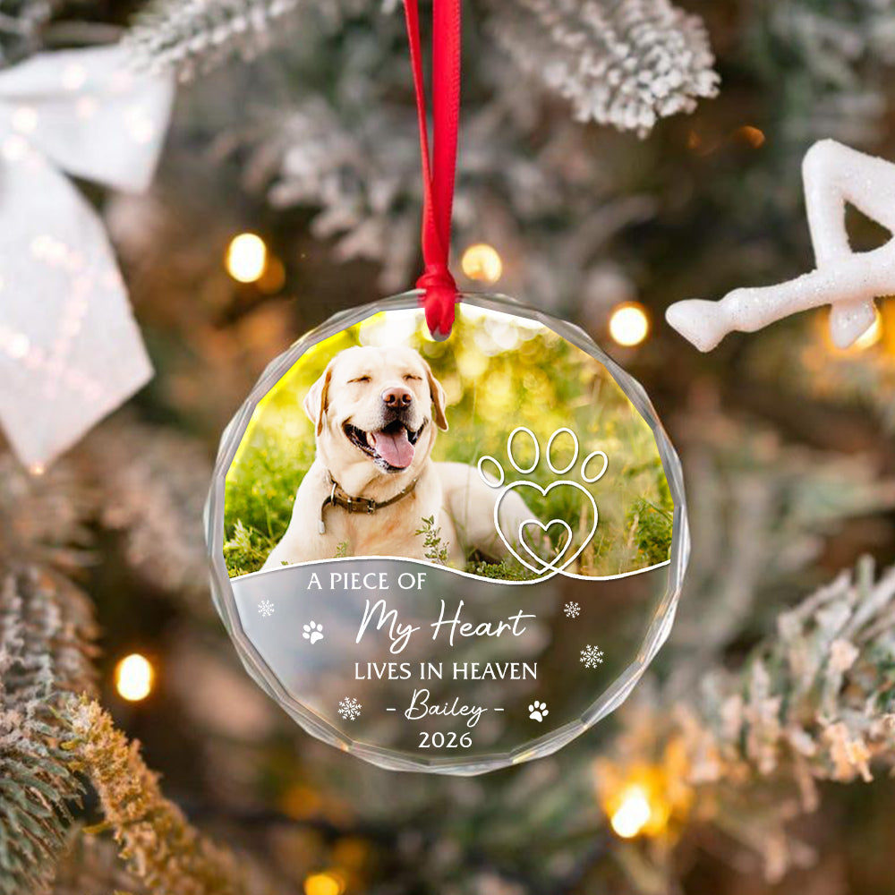A Piece Of Heart Lives In Heaven Snowflake Pawdog. My Heart Lives In Heaven Glass Ornament, Xmas Tree, Pet Memorial Keepsake, Pet Memorial Ornament With Photo, Gifts For Loss Of Dog