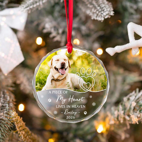 A Piece Of Heart Lives In Heaven Snowflake Pawdog. My Heart Lives In Heaven Glass Ornament, Xmas Tree, Pet Memorial Keepsake, Pet Memorial Ornament With Photo, Gifts For Loss Of Dog