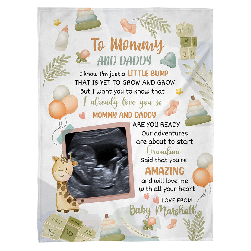 Cute Giraffe Hi Mommy And Daddy Blanket Custom Ultrasound Picture For Mom To Be New Dad From Baby Bump Personalized Blanket