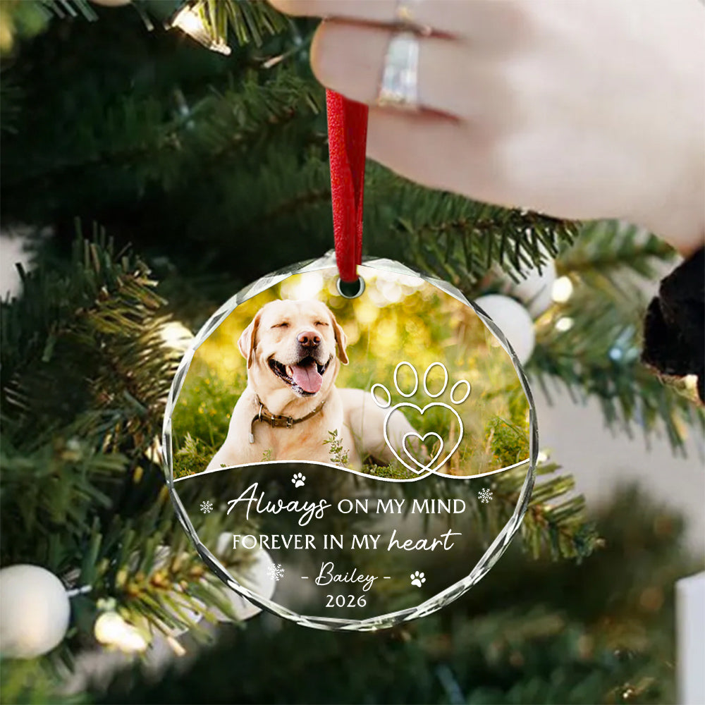 Always On Mind Forever In Heart Pawprints Glass Ornament Remembrance, Memorial Keepsake, Pet Loss Decoration, Winter Decor, Remembrance Tribute Ornament With Photo, Gifts For Dog Lovers