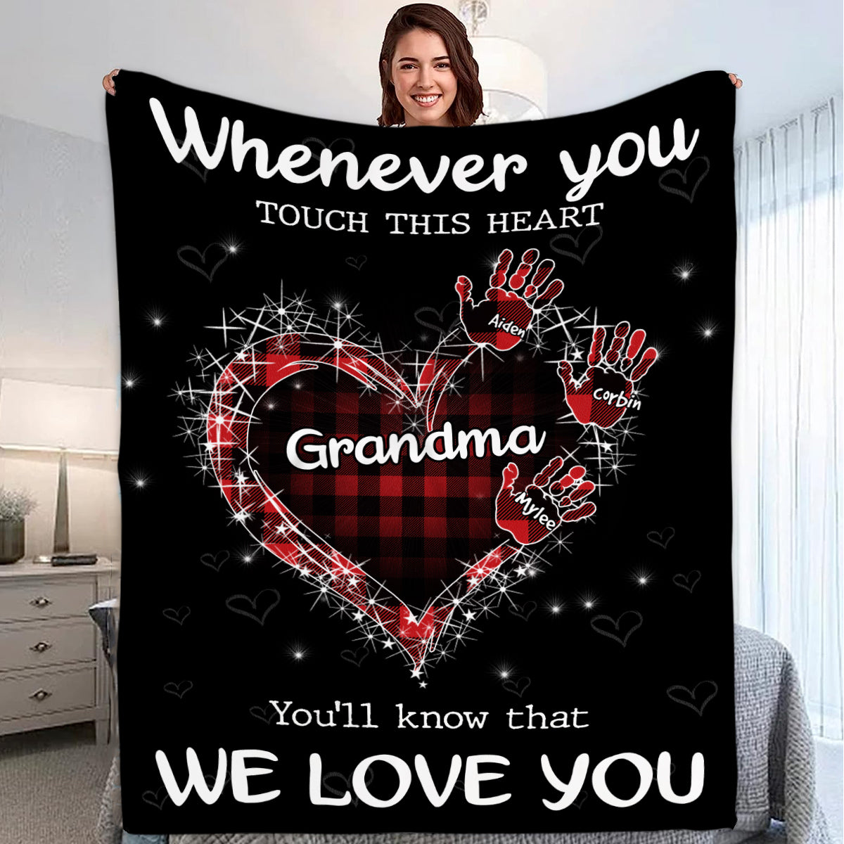 Grandma Gifts, Whenever You Touch This Heart Handprints, Personalized Blanket, Gifts For Grandma From Grandson, Custom Fleece Sherpa Blanket, Gifts For Christmas Xmas Birthday