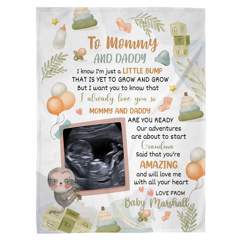 Cute Sloth Hi Mommy And Daddy Blanket Custom Ultrasound Picture For Mom To Be New Dad From Baby Bump Gifts For New Mommy, Fleece Sherpa Blanket Pregnancy Gifts Ideas Mothers Day