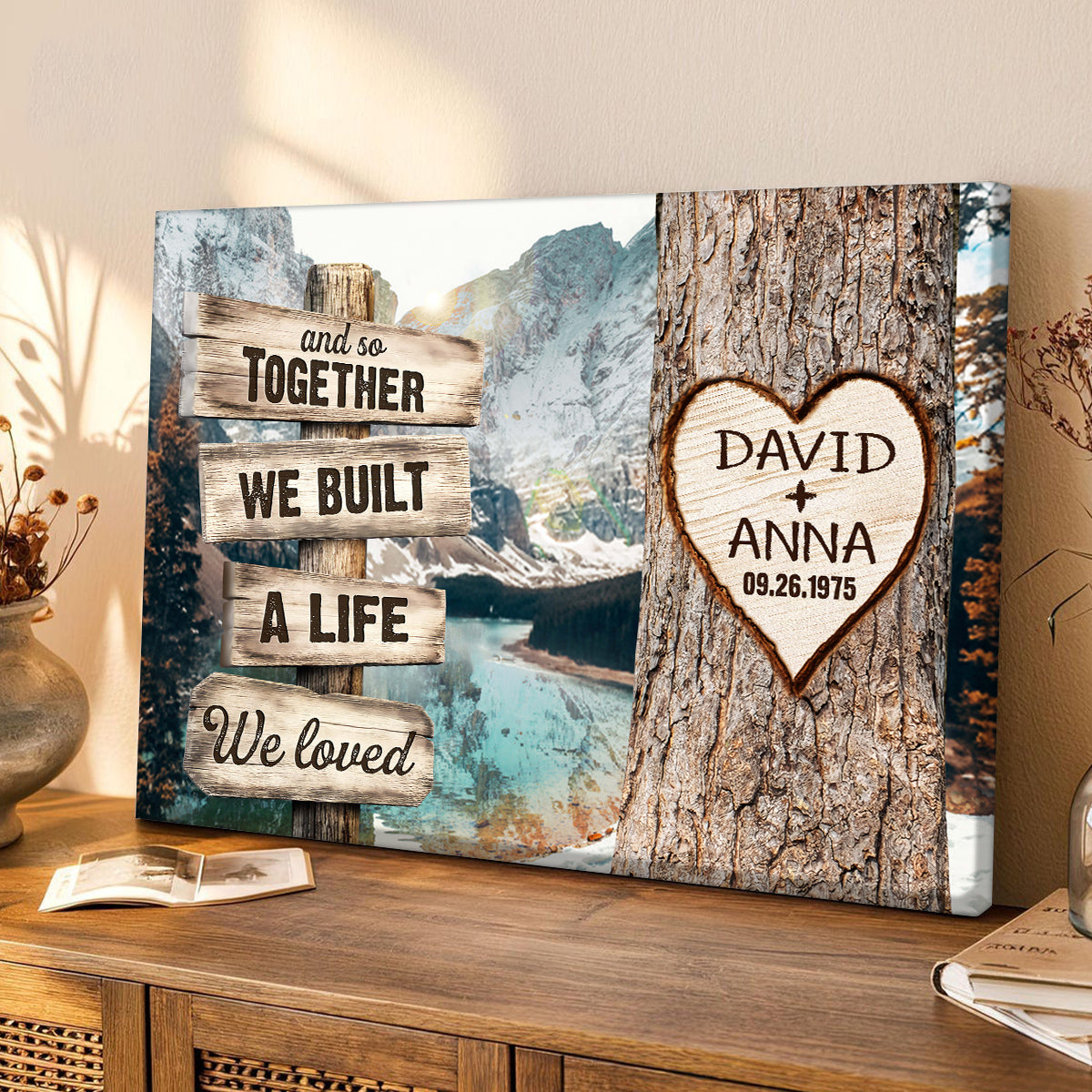 Personalized Couple Poster, And So Together We Built A Life We Loved Rustic Wood Sign And Tree Heart Design, Gifts For Him Her Honey, Canvas Prints Wall Decor, Gifts For Valentine