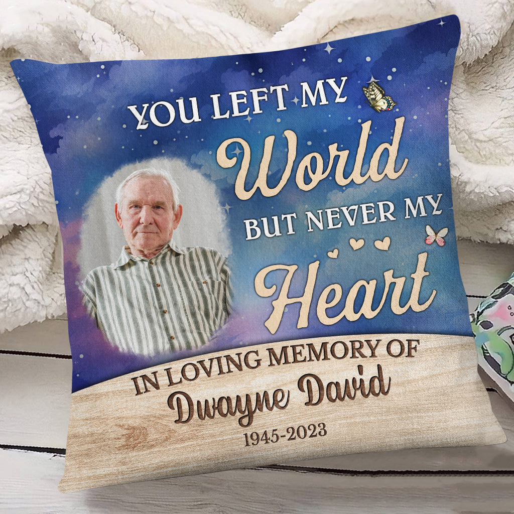 Sympathy Gifts, Memorial Square Pillow, You Left World But Never My Heart Watercolor Wooden Background, Gifts For Loss Of Mom