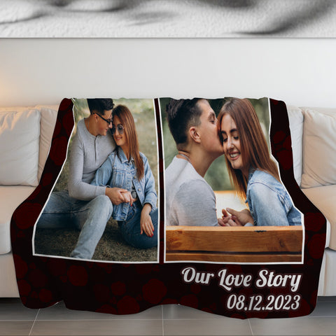 Personalized Photo Blanket, “Our Love Story” Couple Blanket, Custom Names Date Throw, Romantic Anniversary Gift, Cozy Fleece Memory Blanket