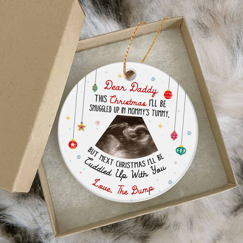 Dear Daddy Ultrasound Ornament, Snuggled In Mommy’s Tummy Poem, Love The Bump Christmas Reveal, Personalized Sonogram Keepsake Gift