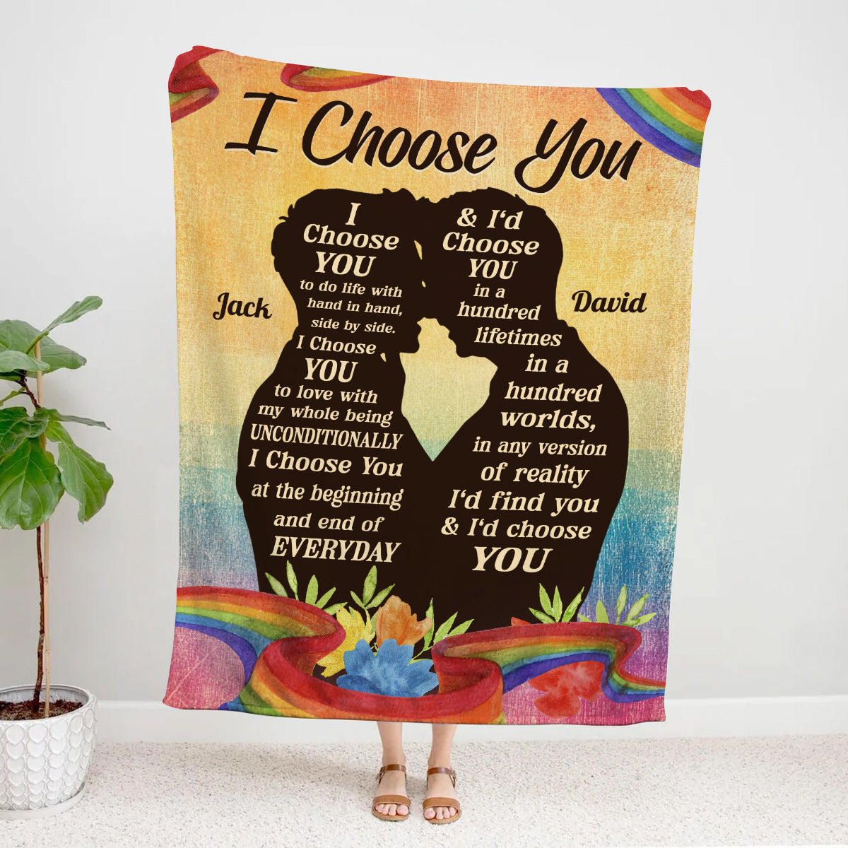 Gay Lgbt Couple Rainbow Silhouette Vintage I'd Find You & I'd Choose You, Personalized Blanket, Gifts For Him Her From Honey